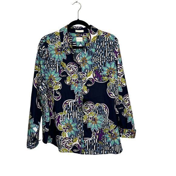 CHICOS Size 3 US XL No Iron Print Blouse Abstract Floral Print Button Up Shirt - Picture 1 of 3